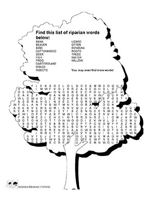 A word search puzzle of riparian terms set inside silhouette of a cottonwood tree.